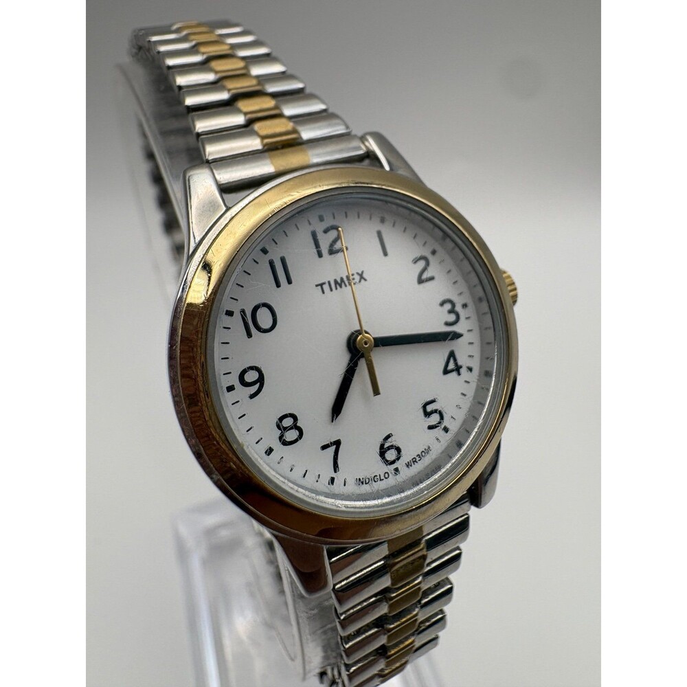 Timex Indiglo Two-Tone Watch New Battery Stainless Steel Expansion Band WR30M
